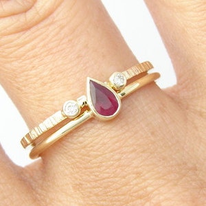 Ruby & Diamond Ring Set, 14k Gold Handmade Ring
