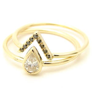 0.25 Carat Diamond Ring, Pear Diamond Ring &  Black Diamond V Ring, Diamond Gold Ring, Stacking Diamond Rings , Engagement Diamond Ring
