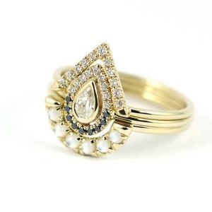 Pear Diamond & Mother of Pearl Ring Set, Gold Diamond Ring