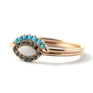 Opal & Black Diamond Ring with Turquoise Wedding Band, Stacking Gold Ring