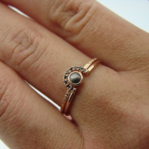 Wedding Set, Horseshoe Ring with Freshwater Pearl Ring, Black Diamond Ring & Black Freshwater  Pearl Ring, Hammered Ring, Gold Diamond Ring