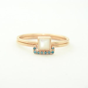 Wedding Set - Square Mother of Pearl Ring & Pave Blue Diamond Ring - Gold Ring