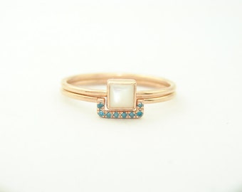 Wedding Set - Square Mother of Pearl Ring & Pave Blue Diamond Ring - Gold Ring