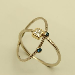 Diamond Wedding Set, Diamond Set Ring, Princess Diamond Engagement Ring  With Blue Diamonds Ring - 14k Solid Gold - Square Diamond Ring