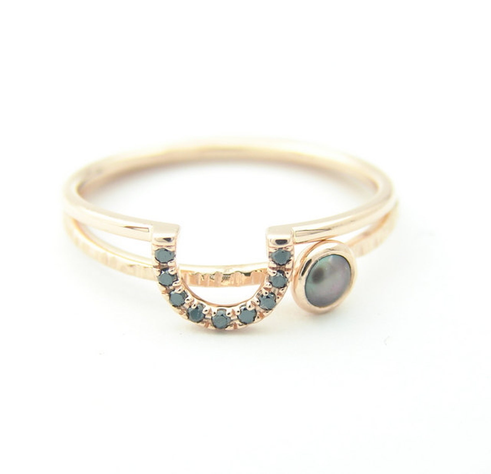 Wedding Set Horseshoe Ring With Freshwater Pearl Ring Black Etsy