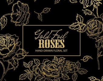 Floral Clipart. Handmade, watercolour clipart, wedding diy elements, flowers - Gold Foil Roses