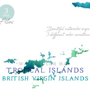 Mapa das Ilhas Virgens Britânicas, aquarela, download instantâneo, mapa digital, clipart de mapa, arte de parede, clipart de mapa colorido, mapa personalizado, mapa em aquarela