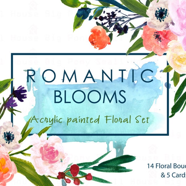 Watercolour Floral Clipart. Handmade, watercolour clipart, wedding diy elements, flowers - Romantic Blooms