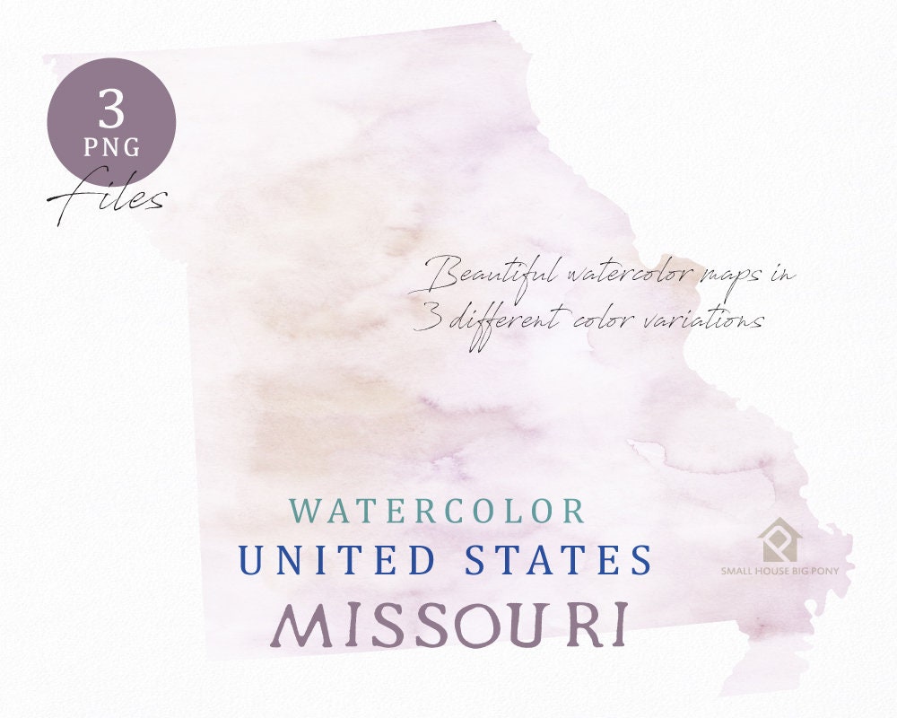 Mapa de Missouri, mapa de acuarela, mapa digital, mapa clipart, arte de la pared, color mapa Clip Art, mapa personalizado, mapa de acuarela