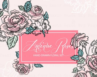 Clipart fleurs dessinées à la main : Les Roses antiques, main dessinée Clip Art/Rose/individu PNG fichiers/peint-Roses antiques