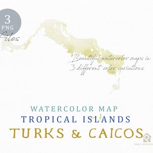 Turks & Caicos Map, Watercolor Map, Instant Download, Digital Map, Map Clipart, Wall Art, Color Map Clip Art, Custom Map, Watercolor Map image 1