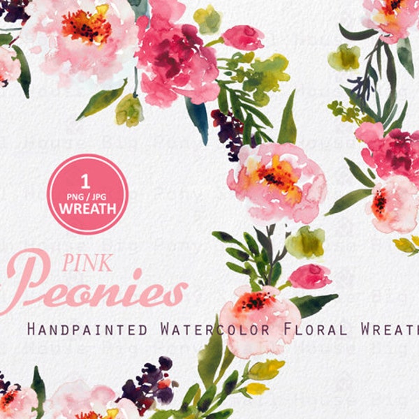 Digital Clipart- Watercolor Flower Clipart, peonies Clip art, Floral Bouquet Clipart, wedding flowers clip art- Pink Peonies Wreath