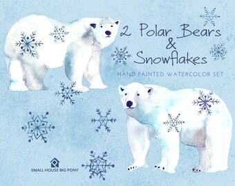 Watercolour Clipart: Winter Clip art, Watercolour Clip Art/animal/Individual PNG files/Hand Painted- 2 Polar Bears and Snowflakes