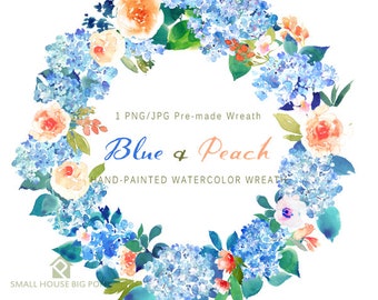 Digital Clipart- Watercolor Flower Clipart, peonies Clip art, Floral Bouquet Clipart, wedding flowers clip art- Blue & Peach Wreath