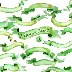 Commercial Use- Watercolor Banners, ribbons Clipart: 16 PNG Digital files. Light mint green. Hand painted, clip art,  diy elements