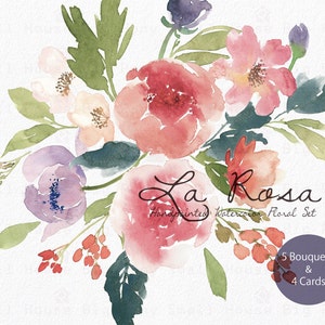 May include: Watercolor floral set featuring a bouquet of pink, peach, and purple flowers with green leaves. The text "La Rosa Handpainted Watercolor Floral Set" is displayed. Includes 5 bouquets and 4 cards.