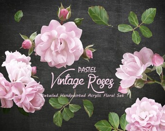 Digital Clipart- Acrylic Flower Clipart, rose Clip art, Floral Bouquet Clipart, wedding flowers clip art- Pastel Vintage Roses