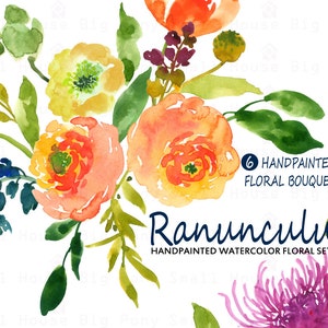 Watercolour Floral Clipart. Handmade, watercolour clipart, wedding diy elements, Roses - Ranunculus