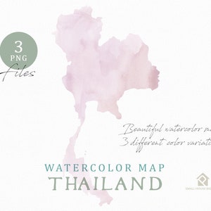 May include: A watercolor map of Thailand in shades of pink and purple. The image includes the text "Watercolor Map Thailand" and "3 PNG Files". The map is a soft, artistic representation of the country.