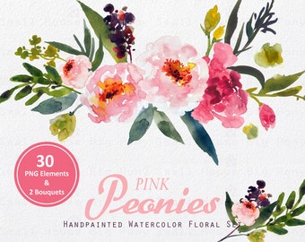 Digital Clipart- Watercolor Flower Clipart, peonies Clip art, Floral Bouquet Clipart, wedding flowers clip art- Pink Peonies