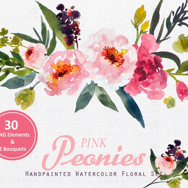 Digital Clipart- Watercolor Flower Clipart, peonies Clip art, Floral Bouquet Clipart, wedding flowers clip art- Pink Peonies