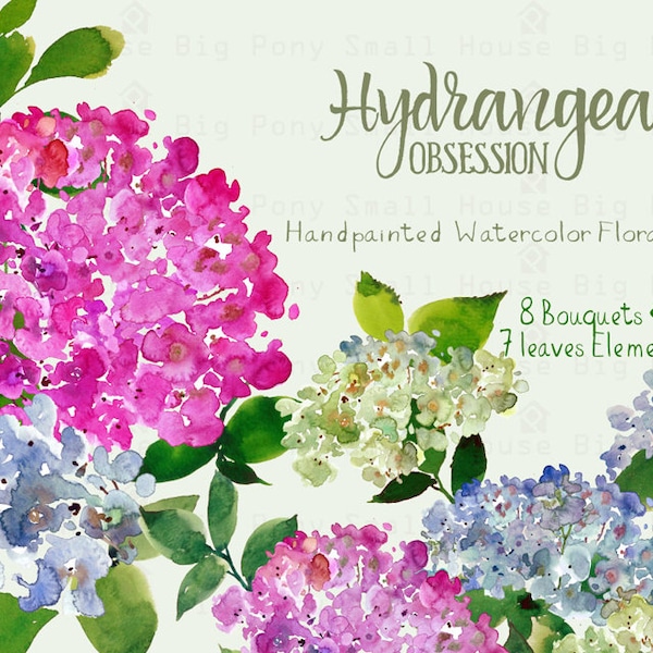 Digital Clipart- Watercolor Flower Clipart, Hydrangeas Clip art, Floral Bouquet Clipart, wedding flowers clip art- Hydrangeas Obsession