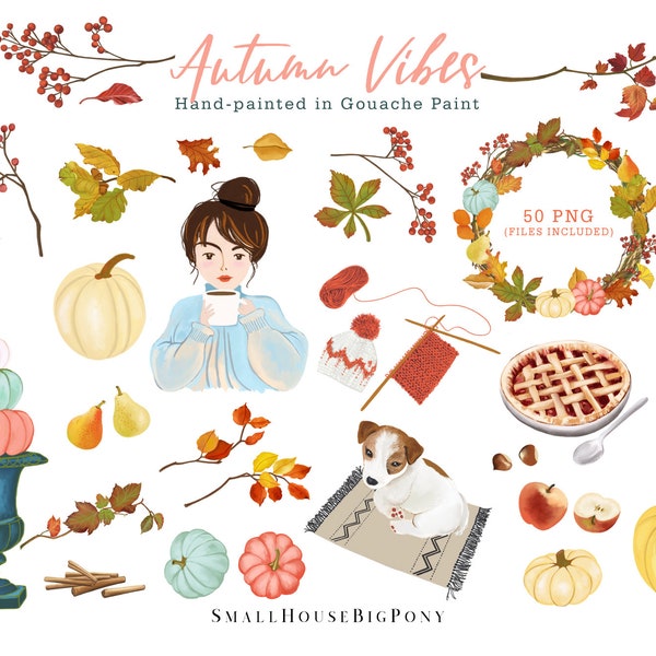 Autumn Vibes - Autumn Clip Art Set, colorful Pumpkins, dog, Pear, chestnuts, acorns, knitwear, mushrooms, Wreath, apples, pie, cinnamon, dog