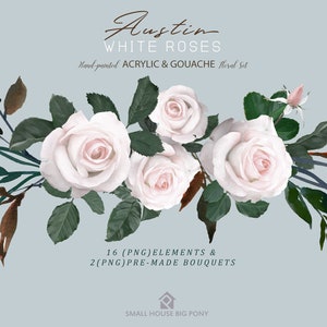 Watercolour Flower Clip Art Collection - Hand Painted Graphics, flower,  hand drawn clip art,  flower clip art - Austin White Roses Elements