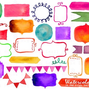 May include: A set of 26 watercolor PNG files featuring various shapes, frames, and banners in bright colors like red, orange, yellow, green, blue, and purple. The set includes a variety of sizes and styles, perfect for adding a touch of whimsy to your digital designs.