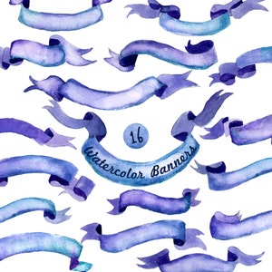 Commercial Use- Watercolor Banners, ribbons Clipart: 16 Digital files. Commercial Use. Purple Banners. Hand painted,  diy elements