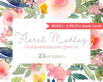 Digital Clipart- Watercolor Flower Clipart, peonies Clip art, Floral Bouquet Clipart, wedding flowers clip art- Floral Medley Elements