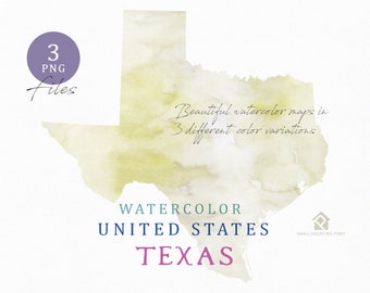 Mapa de Texas, mapa de acuarela, mapa digital, mapa clipart, arte de la pared, color mapa Clip Art, mapa personalizado, mapa de acuarela