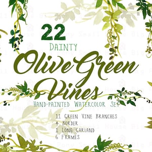 Digital Green Vines Clip Art. Green Laurel Wreath and Leaves Clipart. Vine Frames and Borders for Wedding- Dainty Olive Green Vines