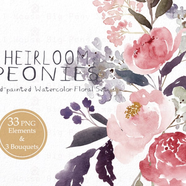 Digital Clipart- Watercolor Flower Clipart, peonies Clip art, Floral Bouquet Clipart, wedding flowers clip art- Heirloom Peonies