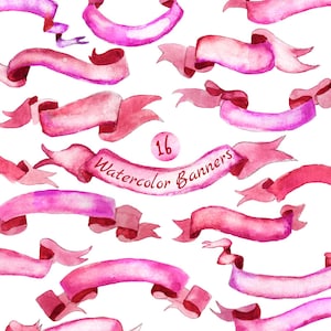 Commercial Use- Watercolor Banners, ribbons Clipart: 16 Digital files. Commercial Use. Pink & Red Banners. Hand painted,  diy elements