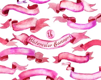 Kommerzielle Nutzung - Aquarell-Banner, Bänder Clipart: 16 digitale Dateien. Kommerzielle Nutzung. Rosa und rote Banner. Von Hand bemalt, DIY-Elemente