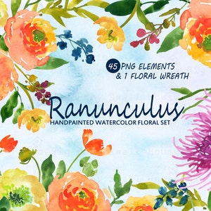 Watercolour Floral Clipart. Handmade, watercolour clipart, wedding diy elements, Roses - Ranunculus