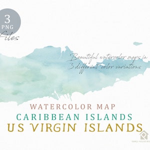 Mapa das Ilhas Virgens dos EUA, mapa em aquarela, download instantâneo, mapa digital, clipart de mapa, arte de parede, clipart de mapa colorido, mapa personalizado, mapa em aquarela