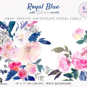 Fleurs de cliparts-aquarelle numériques Clipart, image Clip art, Clipart fleur, mariage bricolage clip art - bleu Royal avec cartes argent