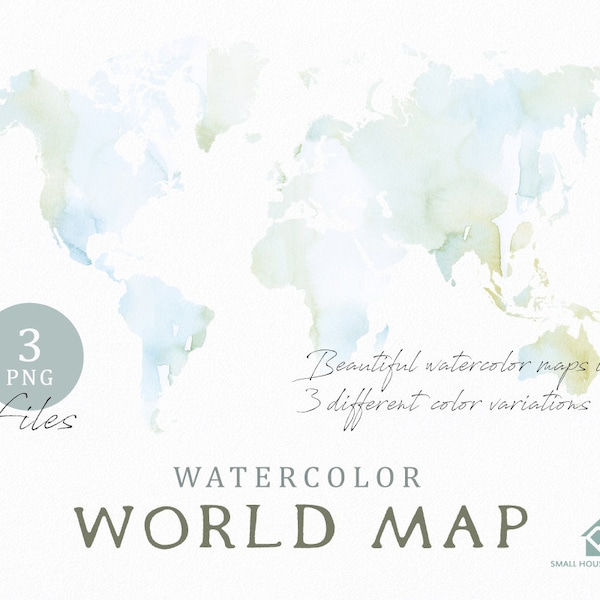 Watercolor World Map, Instant Download, Digital Map, Map Clipart, Wall Art, Color Map Clip Art, Custom Map, Watercolor Map