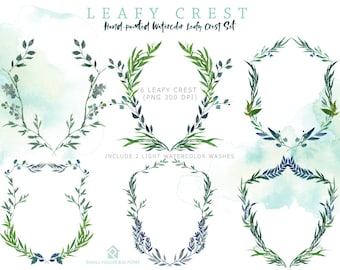 Leafy Crest Clip Art. Green Laurel Crest and Leaves Clipart. Crest Frames and Borders for Wedding and Monograms- Leafy Crest
