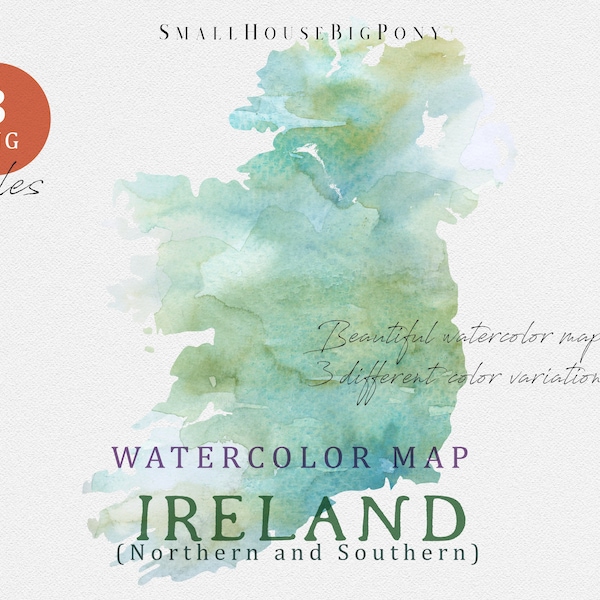 Ireland Map, Northern and Southern Ireland, Watercolor Map,  Digital Map, Map Clipart,  Color Map Clip Art, Custom Map, Watercolor Map