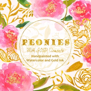 Watercolour Floral Clipart.  Handpainted with watercolor and gold paint, wedding diy elements, flowers - Peonies with Gold Elements