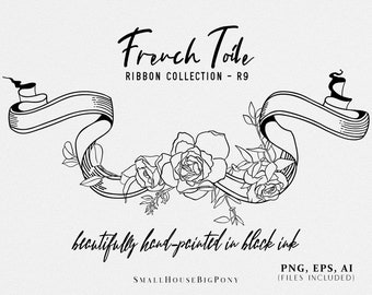 Instant download hand-painted vintage style ribbons in black ink for crest design with flowers - French Toile Ribbon Collection R9