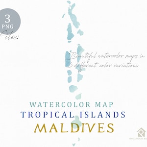 May include: Watercolor map of the Maldives in shades of blue and green. The text reads "Watercolor Map Tropical Islands Maldives" with additional text indicating three PNG files and "Beautiful watercolor maps in 3 different color variations."