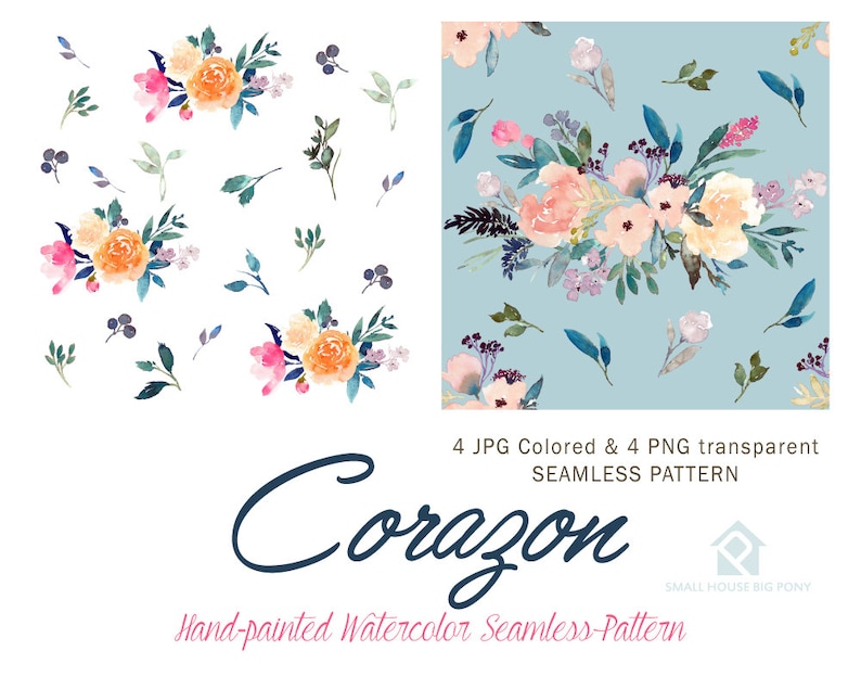 Hand Painted Graphics Watercolour Flower Clip Art Collection Corozon Seamless Floral Pattern