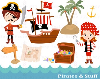 Pirate Clipart- Pirate Boy and Girl digital clip art, Pirate Ship Clipart, Clip art download