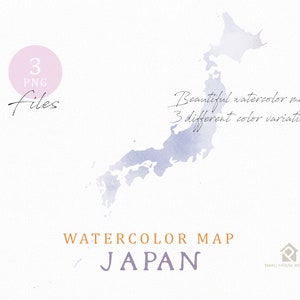 May include: Watercolor map of Japan in shades of blue and purple. The image includes the text "3 PNG Files" and "Beautiful watercolor maps in 3 different color variations." The words "WATERCOLOR MAP JAPAN" are also displayed.