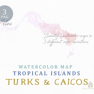 Turks & Caicos Map, Watercolor Map, Instant Download, Digital Map, Map Clipart, Wall Art, Color Map Clip Art, Custom Map, Watercolor Map image 2