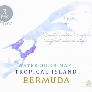 May include: Watercolor map of Bermuda, a tropical island, in three different color variations. The map is painted in shades of blue and purple.
